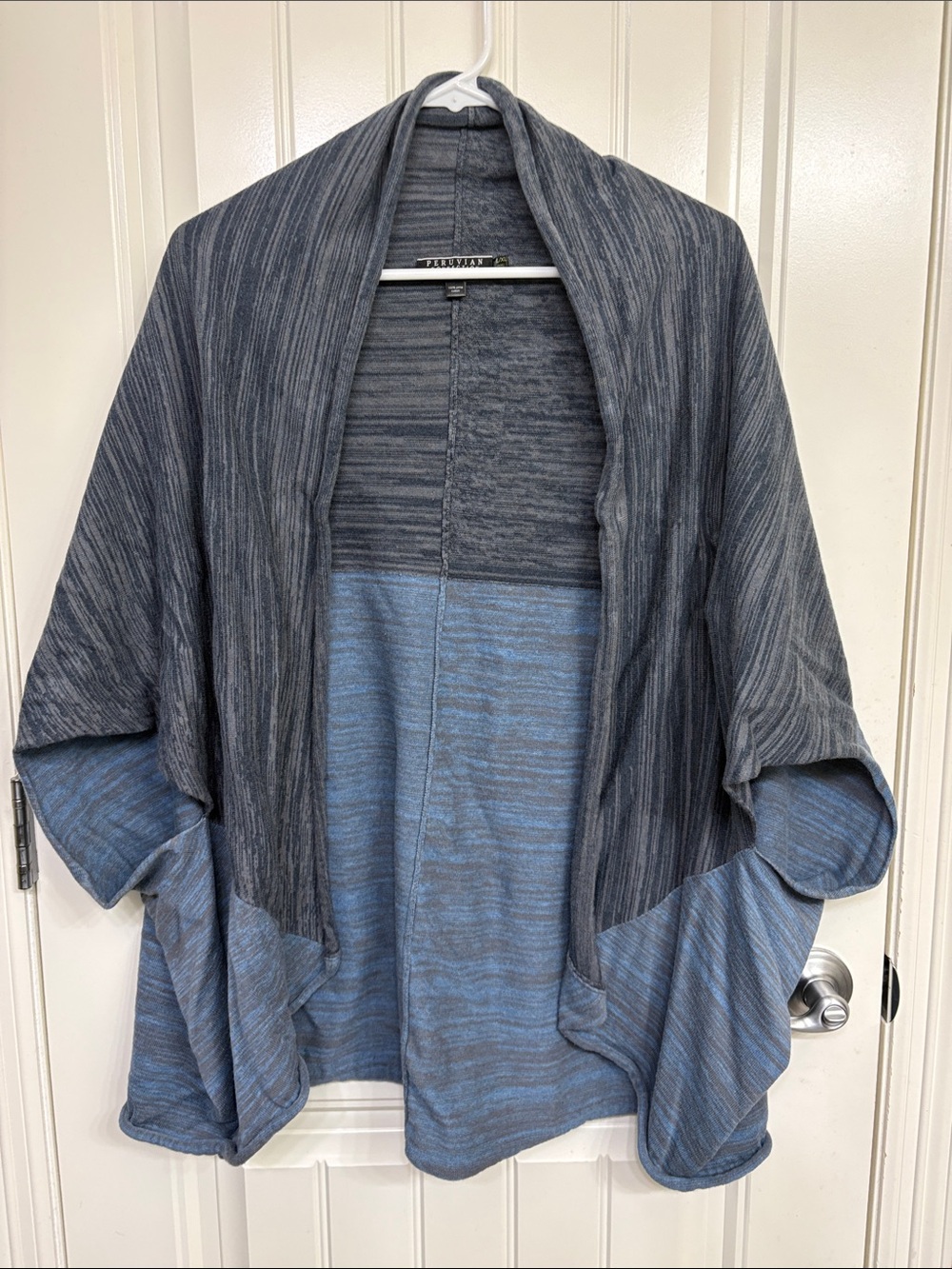 Peruvian Connection Two-Tone Blue and Gray Open-Front Draped Cardigan